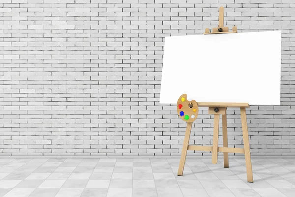 Wooden Artist Easel with White Mock Up Canvas and Palette. 3d Re — Stock Photo, Image