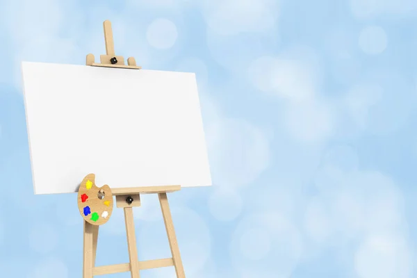 Wooden Artist Easel with White Mock Up Canvas and Palette. 3d Re — Stock Photo, Image