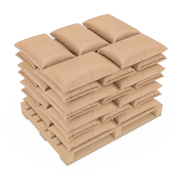 Pilha de saco de saco de papel em branco sobre palete de madeira. Renderização 3d — Fotografia de Stock