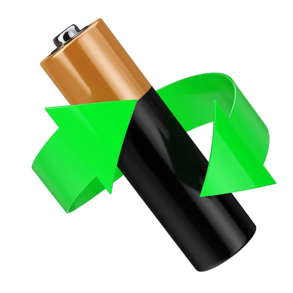 Akkumulátor újrahasznosítási koncepció. Zöld nyíl, ezen a környéken: akkumulátor. 3D render — Stock Fotó