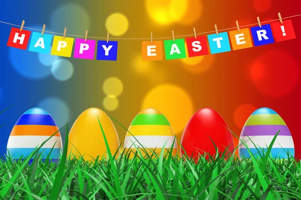 Huevos de Pascua en la hierba bajo el letrero de Pascua feliz colgando de la cuerda. 3d —  Fotos de Stock