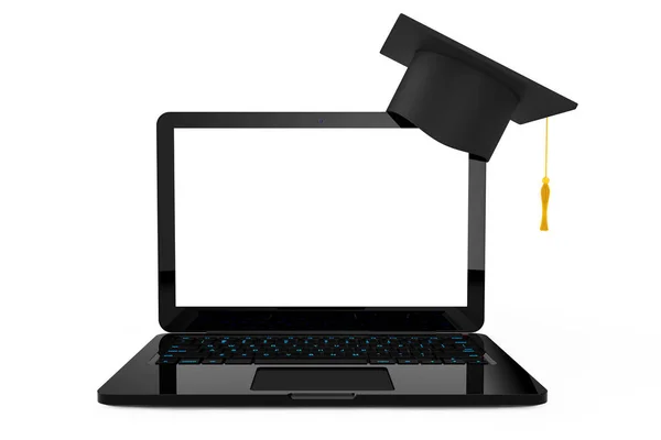 Online Eğitim kavramı. Mezuniyet şapka Laptop üzerinde. 3D Renderi — Stok fotoğraf