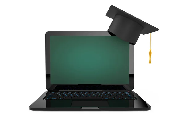 Online Education Concept. Graduation Hat over Laptop with Blackb — Stock Photo, Image