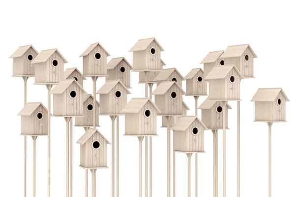 Muitas pequenas casas de pássaros de madeira. Renderização 3d — Fotografia de Stock