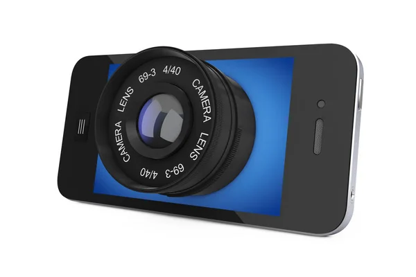 Büyük fotoğraf makinesi Lens ile mobil akıllı telefon. 3D render — Stok fotoğraf