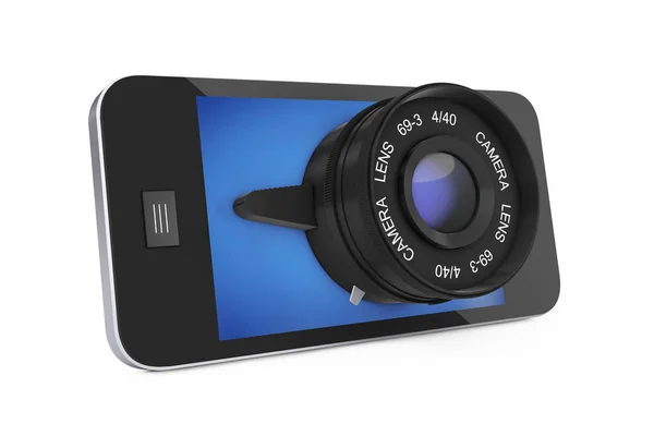 Büyük fotoğraf makinesi Lens ile mobil akıllı telefon. 3D render — Stok fotoğraf