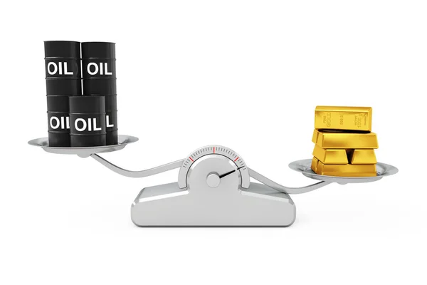 Barriles de Petróleo Negros con Barras Doradas Equilibrando sobre un Peso Simple — Foto de Stock