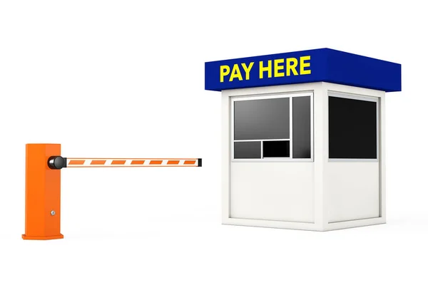 Barreira de carro de estrada e cabine de estacionamento com Pay Here Sign. 3d r — Fotografia de Stock