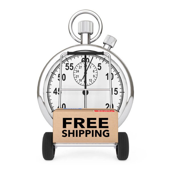 Logistic Concept. Stopwatch near Box with Free Shipping Sign ove
