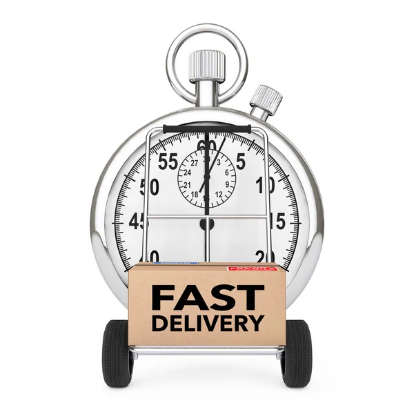Concept logistique. Chronomètre près de Box avec Fast Delivery Sign ove — Photo