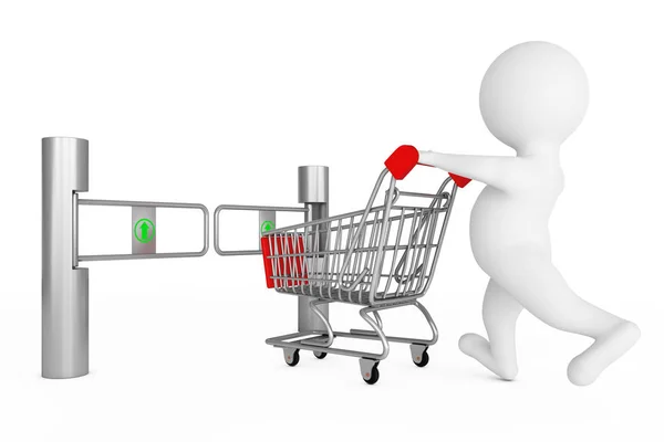 3D-persoon met Shopping Cart voor de ingang van de tourniquet van de winkel — Stockfoto