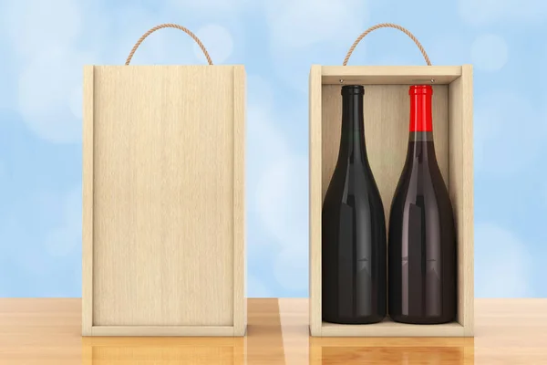 Vinflaskor i tomma trä vin pack med handtag. 3D-rendering — Stockfoto