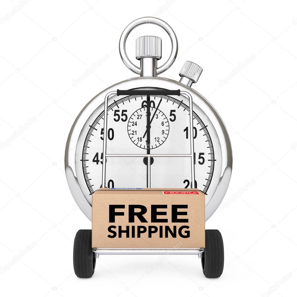 Logistic Concept. Stopwatch near Box with Free Shipping Sign ove