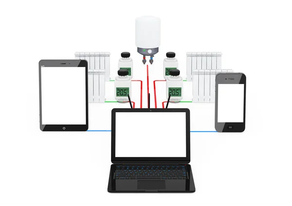 Wireless System kontroli domu klimat kontrolowane przez Laptop, tabela — Zdjęcie stockowe
