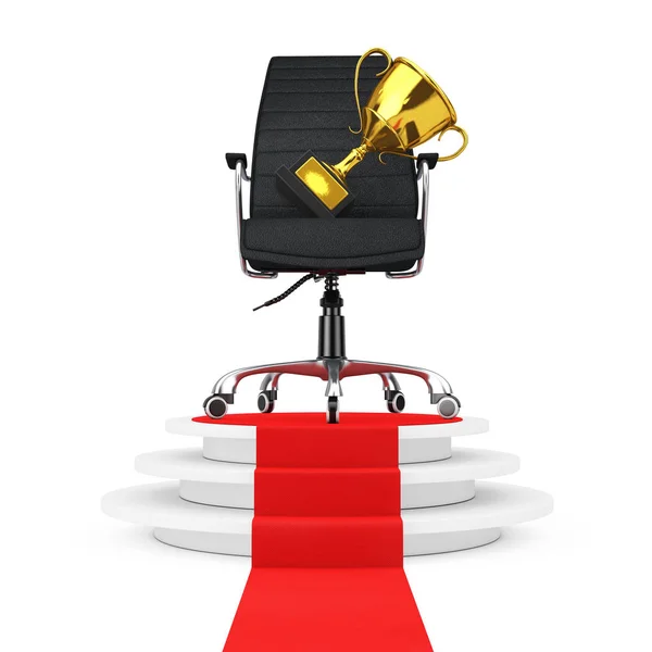 Black Leather Boss Office Chair with Golden Trophy over Round Wh — Stock Photo, Image