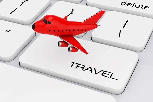 Red Cartoon Toy Jet Airplane over Computer Keyboard with Travel — Stock Photo, Image