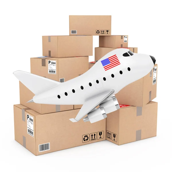 Air Cargo Concept. Aereo del getto del giocattolo del fumetto con la bandiera degli Stati Uniti vicino a B — Foto Stock