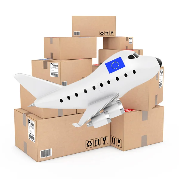 Air Cargo Concept. Cartoon Toy Jet vliegtuig met de Europese Unie — Stockfoto