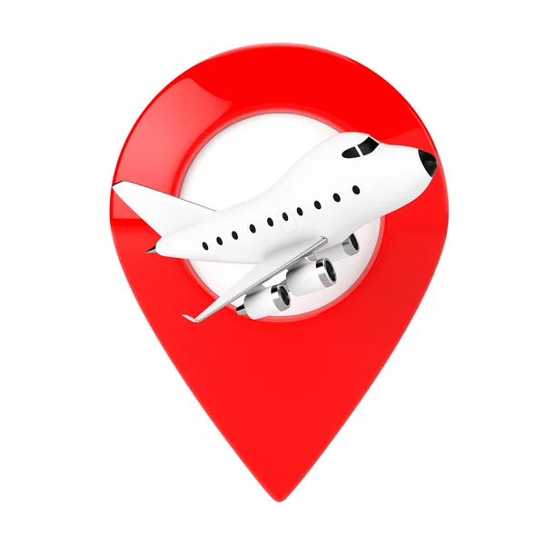 漫画のグッズ ターゲットの赤い地図のピンが付いている飛行機のジェットします。3 d レンダリング — ストック写真