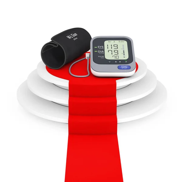 Monitor digital de presión arterial con manguito sobre podio ganador con —  Fotos de Stock
