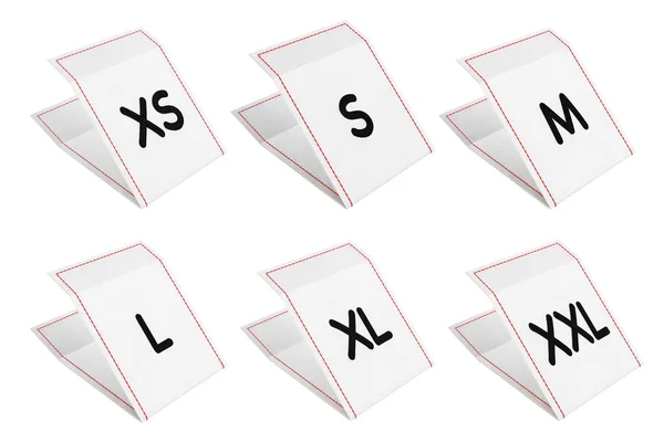 Instellen van weefsel jurk Tags met grootte teken van Xs tot Xxl. 3d Rende — Stockfoto