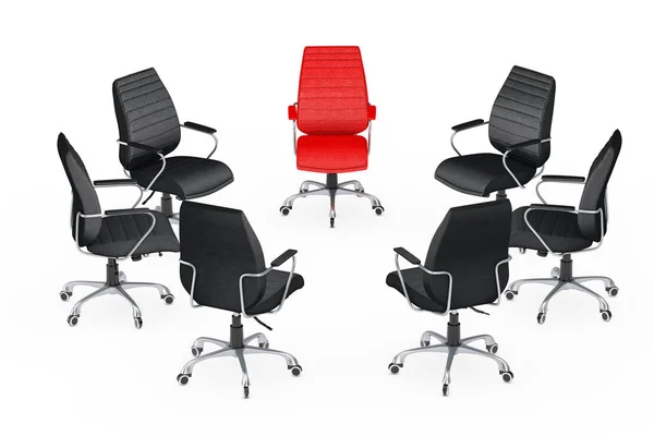 Obchodní velké setkání. Uspořádání kulaté červené kožené židle — Stock fotografie