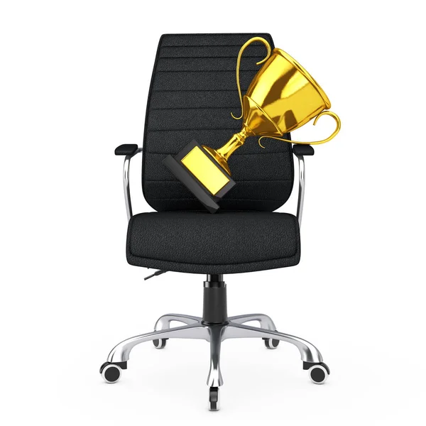 Zwart lederen Boss bureaustoel met gouden trofee. 3D-rendering — Stockfoto