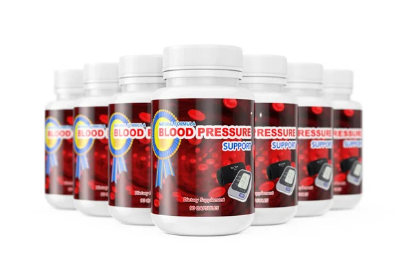 Řada z plastových lahví pro prášky na podporu krevního tlaku. 3D Rend — Stock fotografie