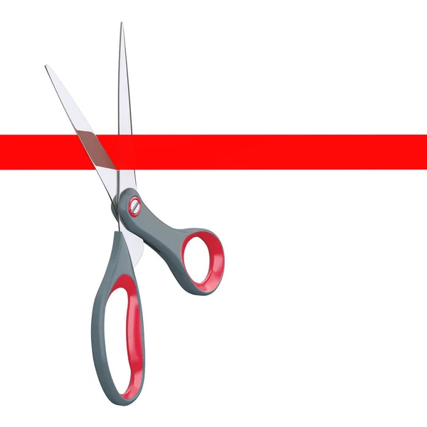 Tesoura cortando fita vermelha. Renderização 3d — Fotografia de Stock