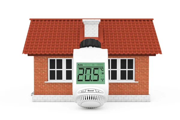 Válvula termostática de radiador sem fio digital perto do edifício da casa — Fotografia de Stock