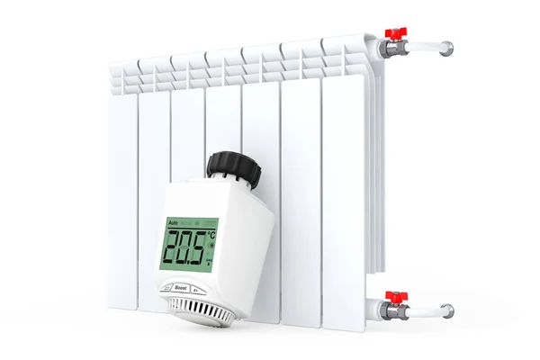 Radiador inalámbrico digital Válvula termostática cerca del radiador. 3d R — Foto de Stock
