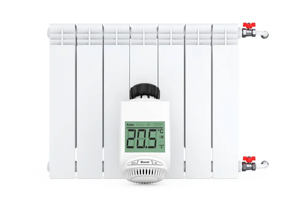 Válvula termostática de radiador sem fio digital perto do radiador. 3d r — Fotografia de Stock