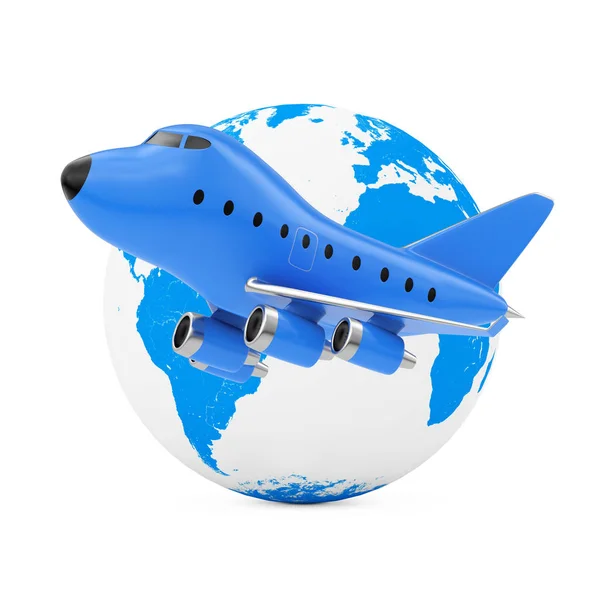 Flying Around the World Concept. Azul juguete de dibujos animados Jet Airplane n —  Fotos de Stock