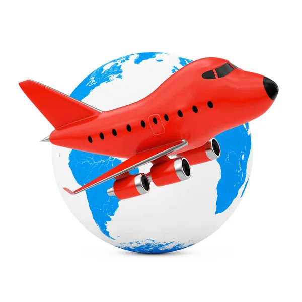 Flying Around the World Concept. Giocattolo del fumetto rosso Jet Airplane ne — Foto Stock