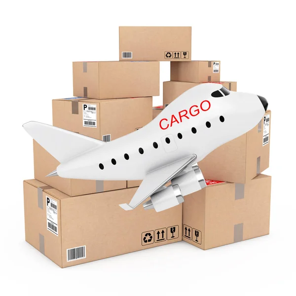 Air Cargo Concept. Cartoon Toy Jet vliegtuig met lading teken in de buurt van — Stockfoto