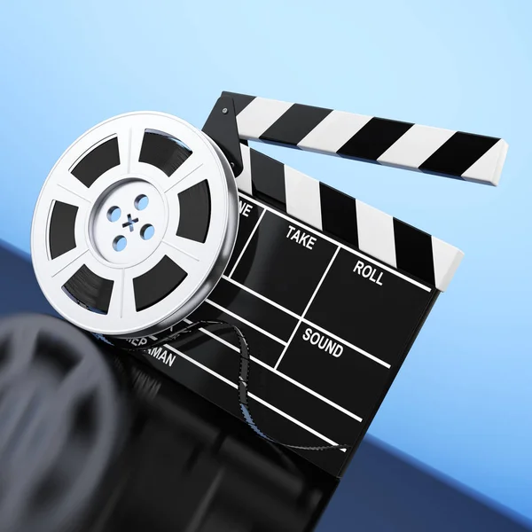 Film Reel with Cinema Tape near Clapboard. 3d Rendering