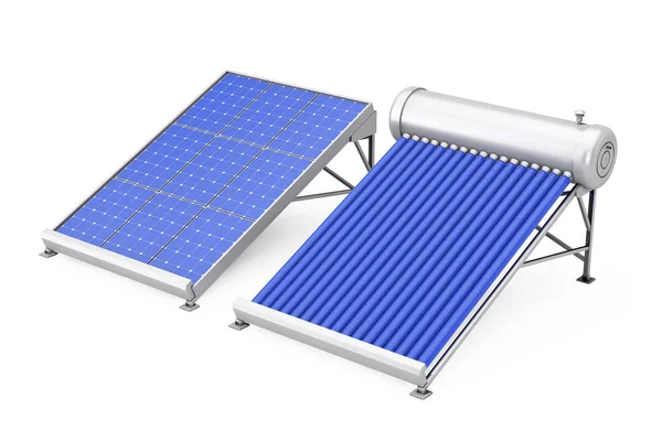 Сонячний підігрівач води з панелі сонячних батарей. 3D-рендерінг — стокове фото