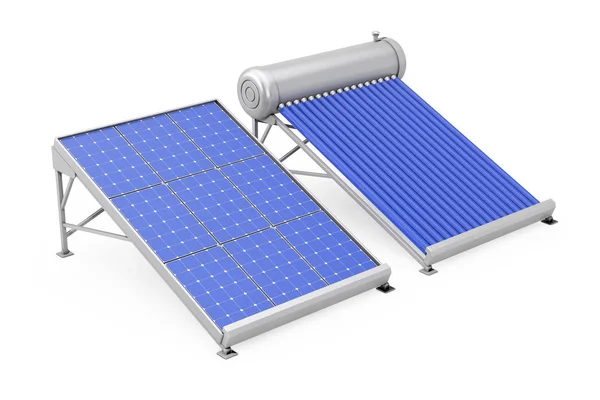 Сонячний підігрівач води з панелі сонячних батарей. 3D-рендерінг — стокове фото