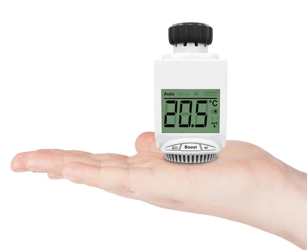 Digital trådlös Radiator termostatventil över handen. 3D Rende — Stockfoto