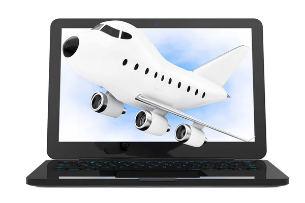 漫画グッズ ジェット飛行機飛行を持つ現代のラップトップ コンピューター — ストック写真