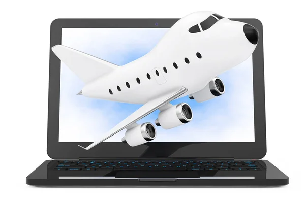 Computador portátil moderno com avião a jato de brinquedo dos desenhos animados voando para fora — Fotografia de Stock