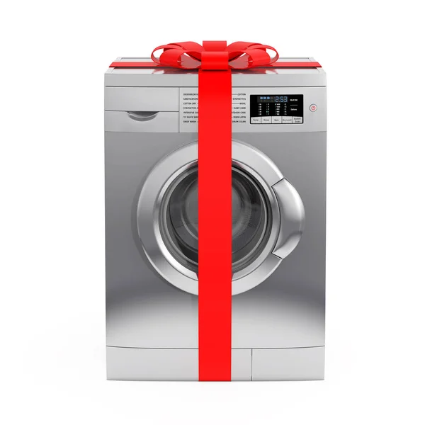 Moderne zilveren wasmachine met rood lint en boog als geschenk. 3 — Stockfoto