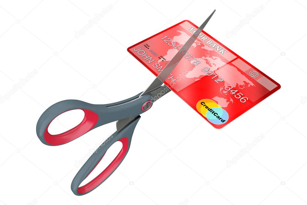 Scissors Cutting Credit Card. 3d Rendering