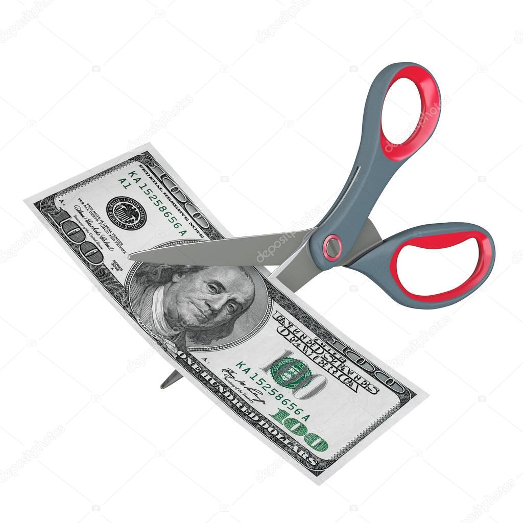 Scissors Cutting Hundred American Dollar Note. 3d Rendering