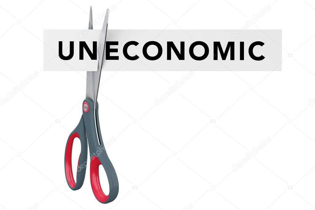 Cutting Uneconomic to Economic Paper Sign with Scissors. 3d Rend