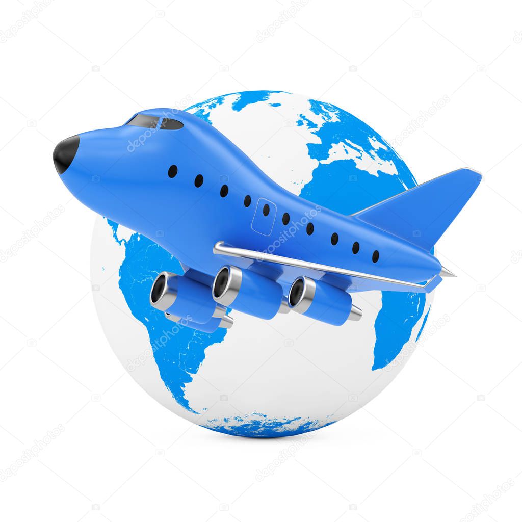 Flying Around the World Concept. Blue Cartoon Toy Jet Airplane n