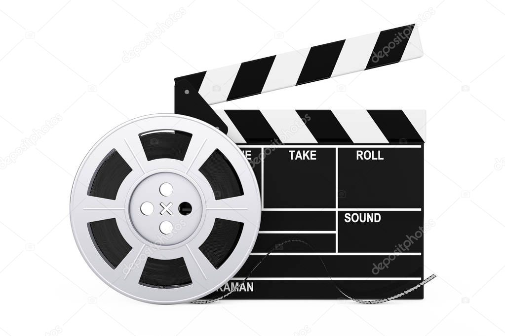 Film Reel with Cinema Tape near Clapboard. 3d Rendering — Stock Photo