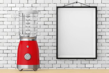 Boş çerçeve ile tuğla duvar önünde modern elektrikli Blender.