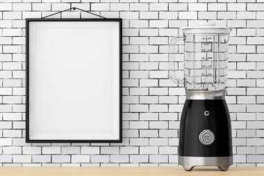 Boş çerçeve ile tuğla duvar önünde modern elektrikli Blender.