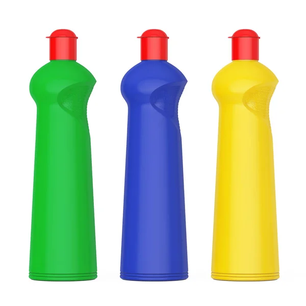 Botellas de plástico multicolor para detergente líquido. Renderizado 3d — Foto de Stock